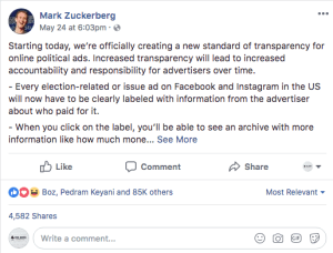 Mark Zuckerberg Facebook post for transparency for online political ads. 