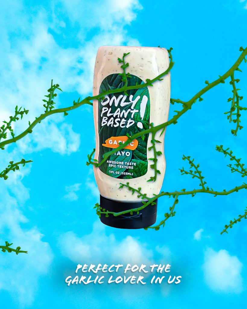 bottle of plant-based mayonnaise wrapped in vines for storytelling of plant based product