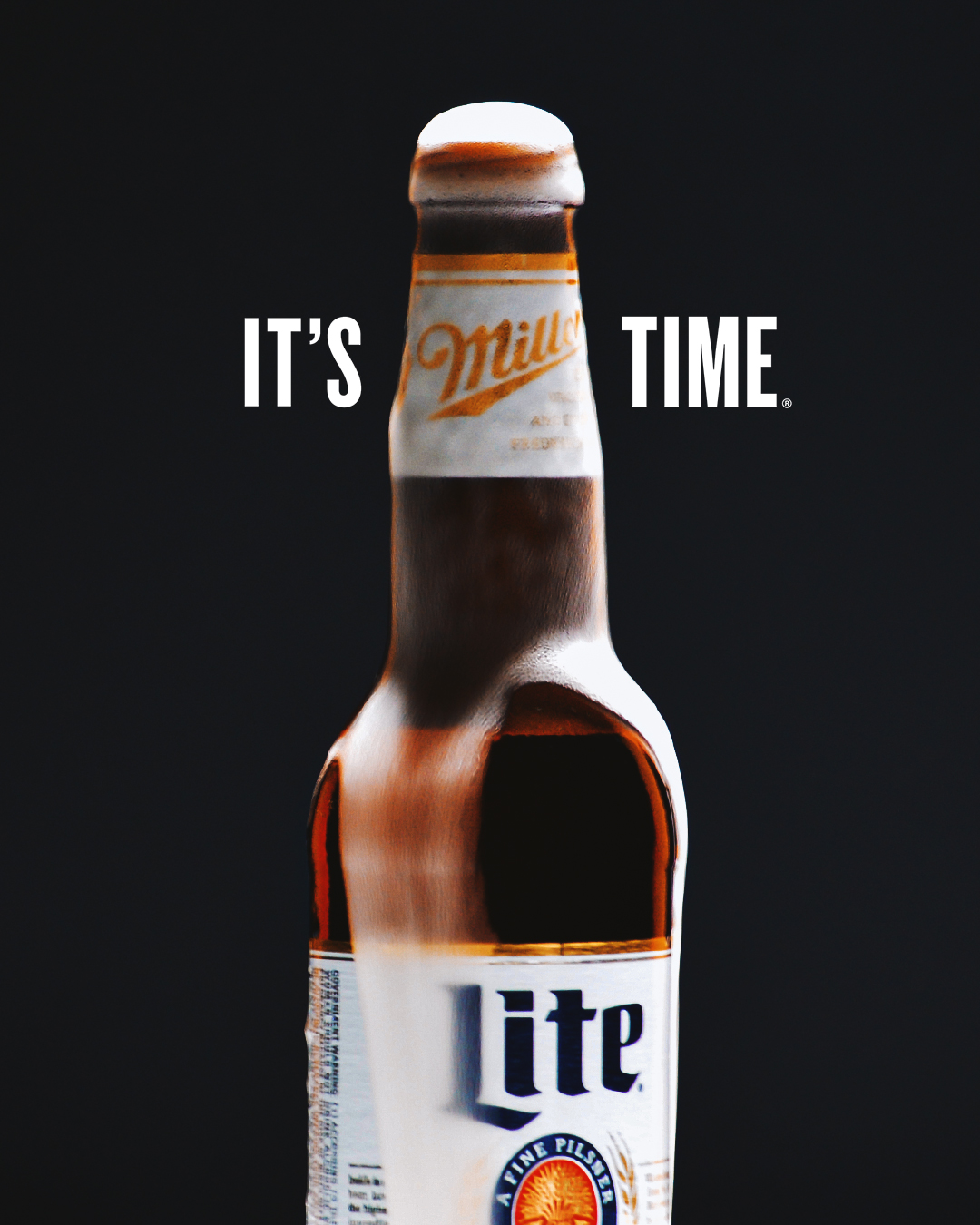 Miller Lite beer bottle ad showcasing CPG marketing strategies with the tagline 'It's Miller Time' to influence consumer perception.