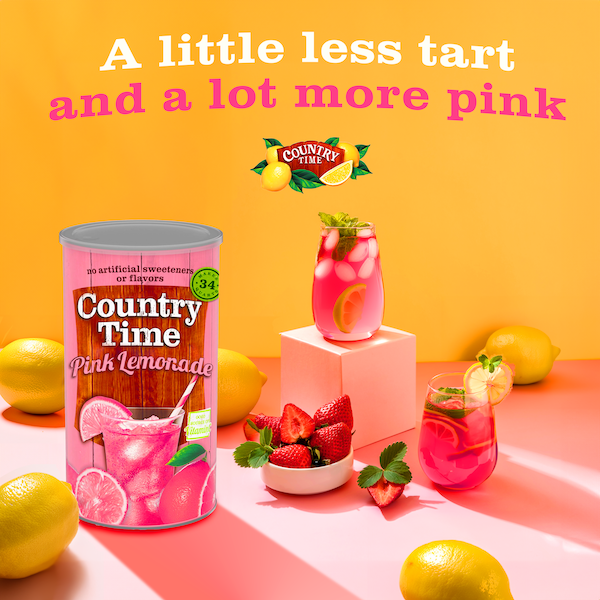 Social Media Strategy for Business sample of Pink Lemonade Mix Can with Refreshing Drinks and Lemons on a Vibrant Yellow Background made for the followers attention.