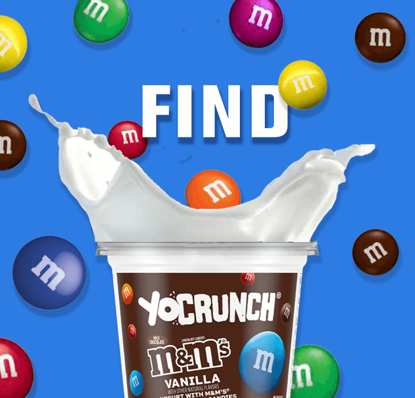 Social media marketing agencies creative work example: YoCrunch M&M’s vanilla yogurt cup on blue background.