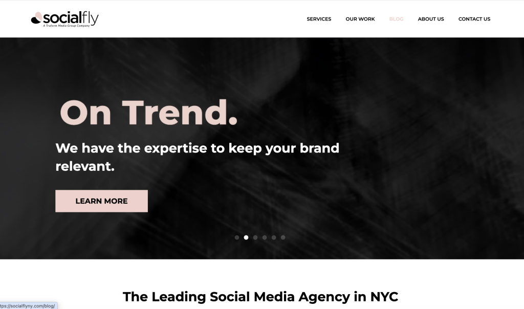 Socialfly homepage highlighting social media marketing services in New York