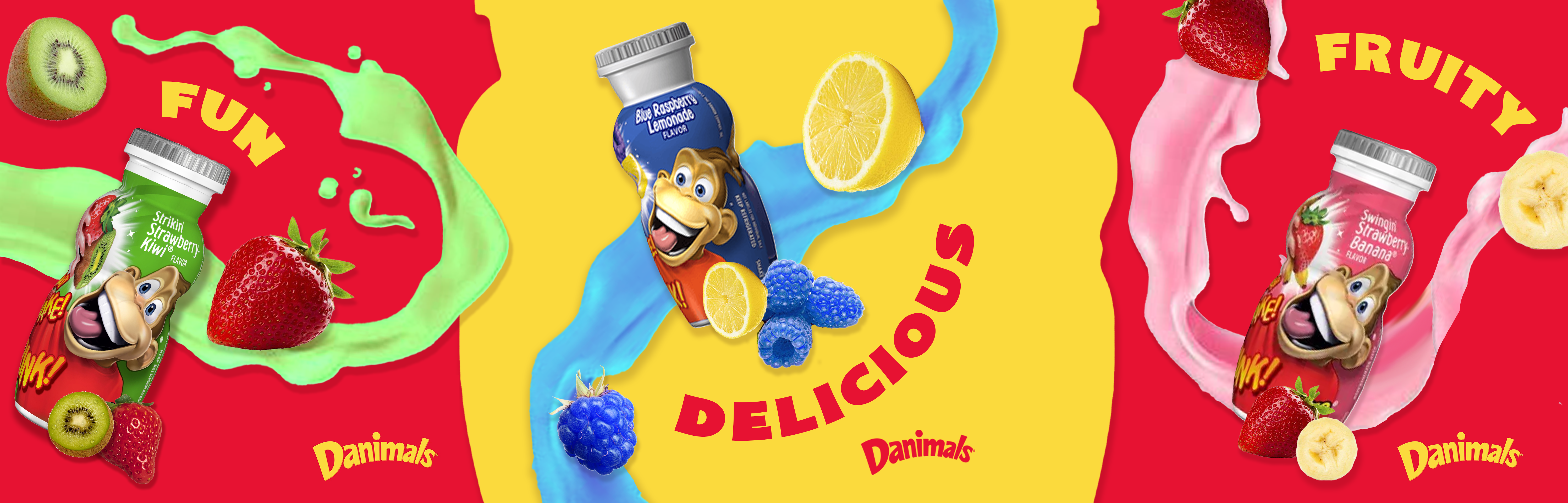 A vibrant advertisement showcasing yogurt drinks with bold colors, fresh fruit splashes, and dynamic packaging, designed for high engagement on social media.