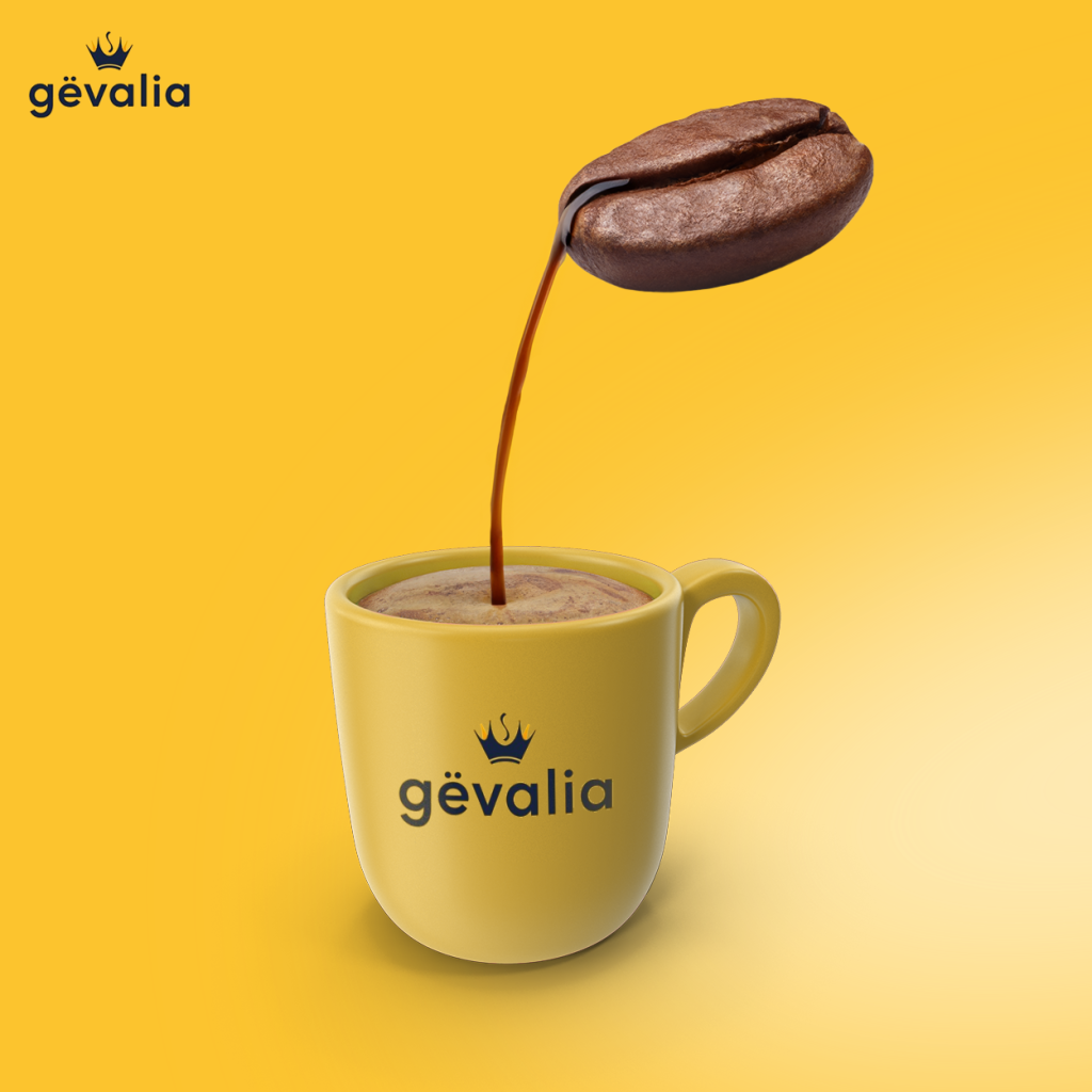 Gevalia coffee branding in CPG marketing, featuring a coffee bean pouring into a branded yellow Gevalia mug.