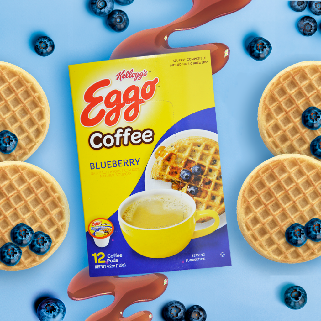 Creative flat lay of Eggo Blueberry Coffee with waffles and blueberries — styled by a content creation agency for breakfast-inspired product marketing