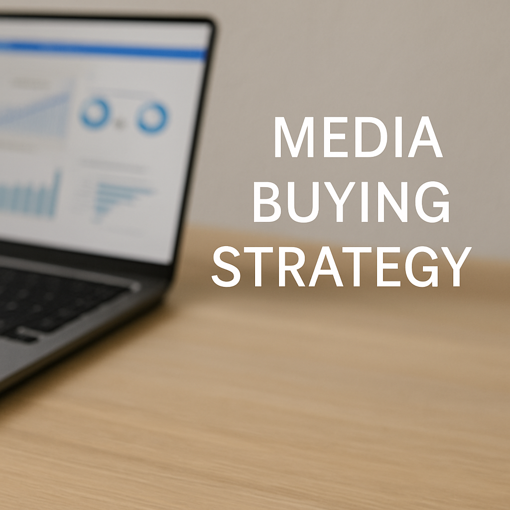Laptop showing campaign analytics in a digital media buying workspace with “Media Buying Strategy” on screen, representing how media buying works for brands using paid media strategy.