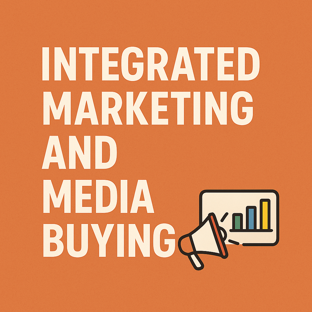 Integrated marketing and media buying visual with bold title and icons representing advertising strategy and data performance