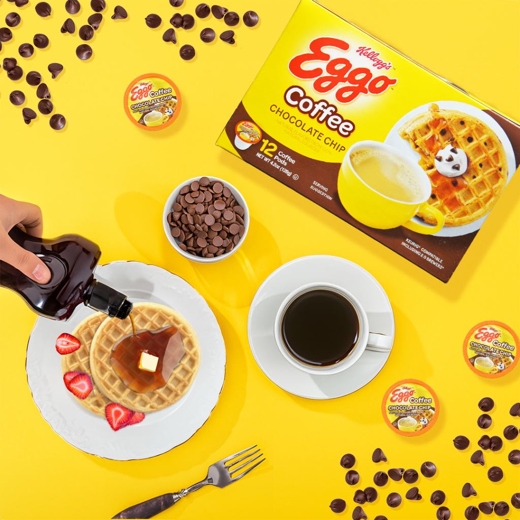 Breakfast flat lay with Chocolate Chip Coffee, waffles, syrup, and coffee cup featured in social content by Cool Nerds Marketing