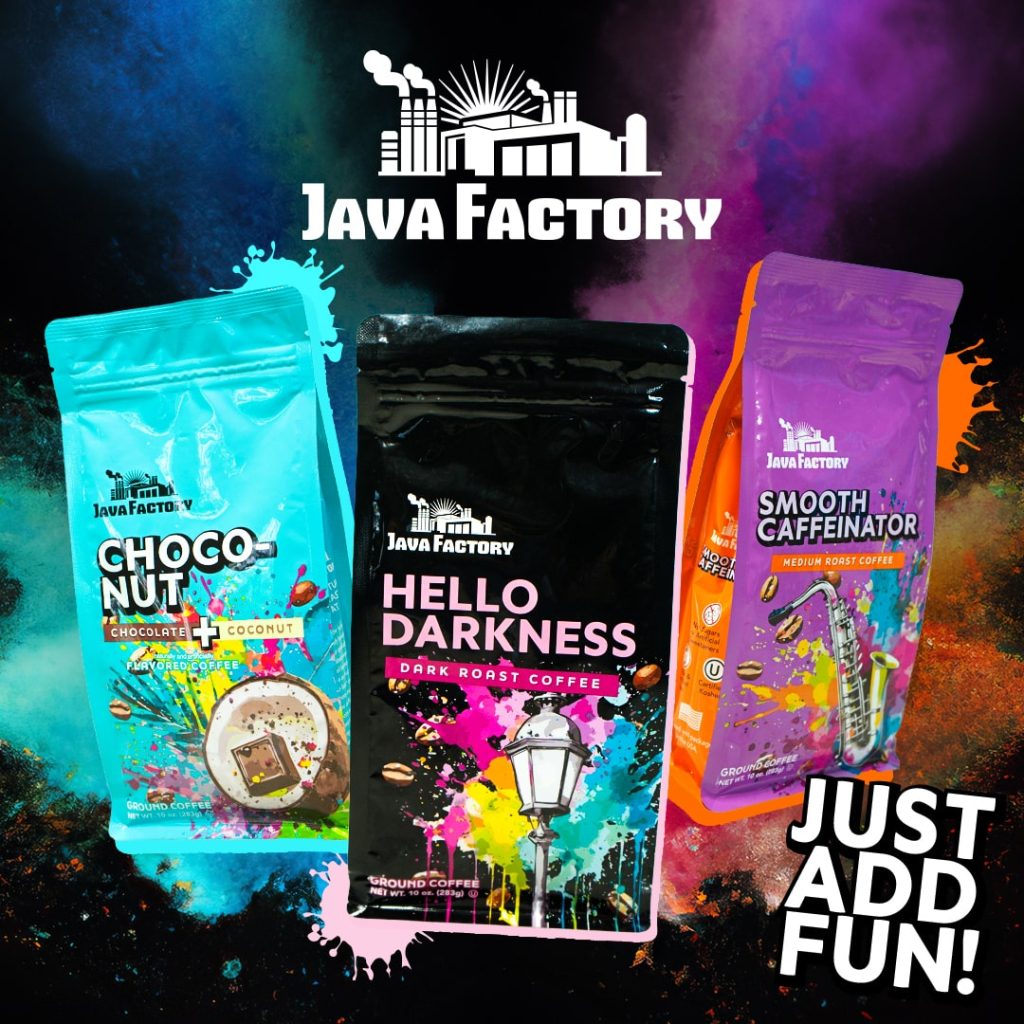 Java Factory coffee bags with colorful branding used in a social media campaign
