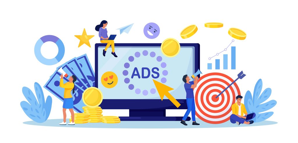 Illustration showing paid media services with ad targeting, coins, social icons, and a digital screen