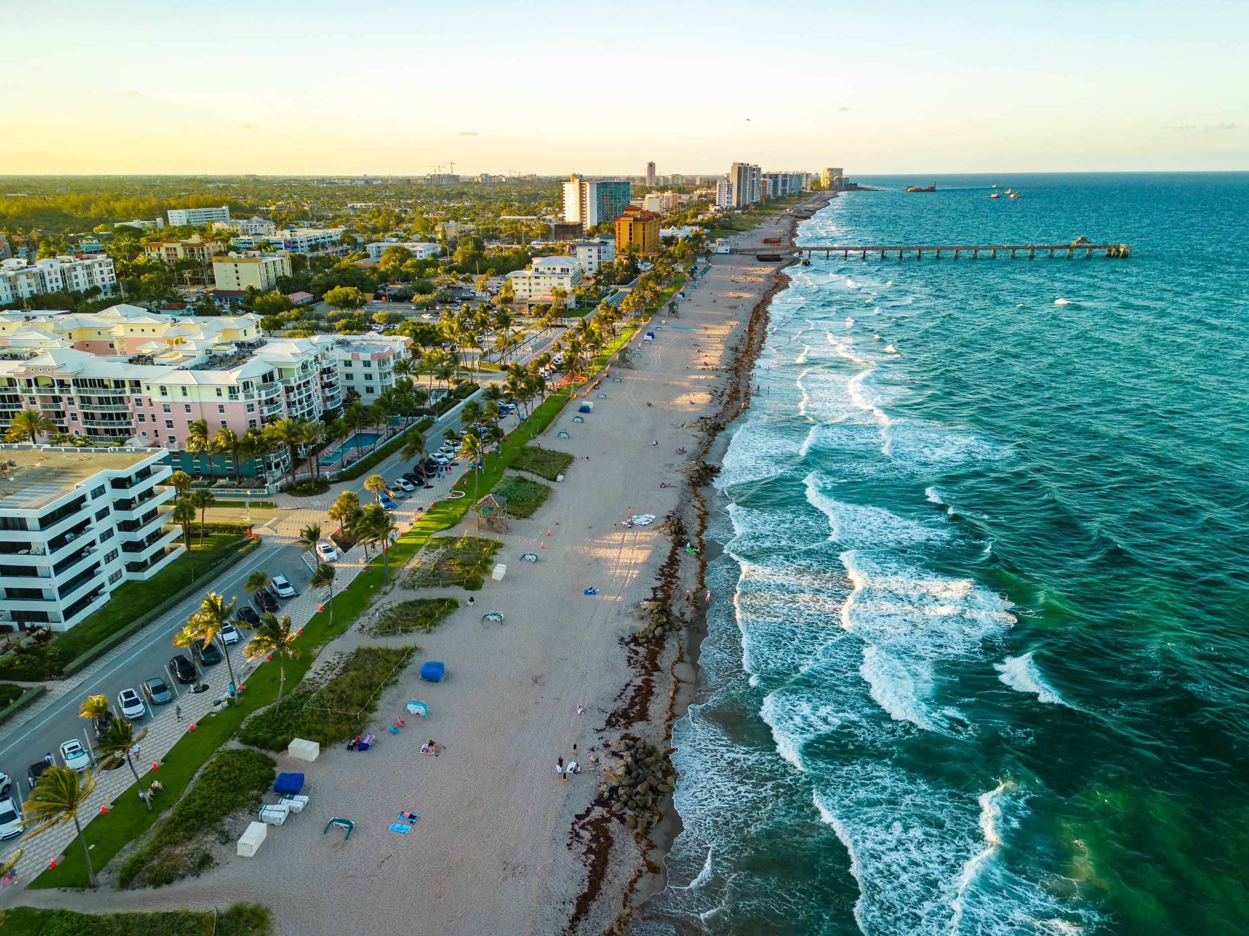 Aerial view of Deerfield Beach, Florida coastline at sunset, representing top digital marketing agencies in Florida helping local businesses grow online.