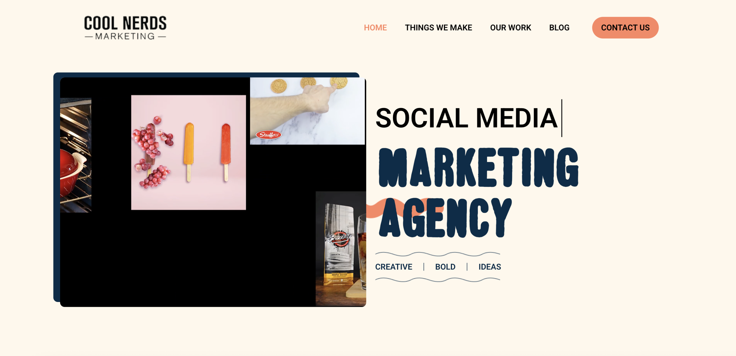 Cool Nerds Marketing social media marketing agency homepage showcasing creative visuals for CPG and food brands like Stauffers and popsicles.