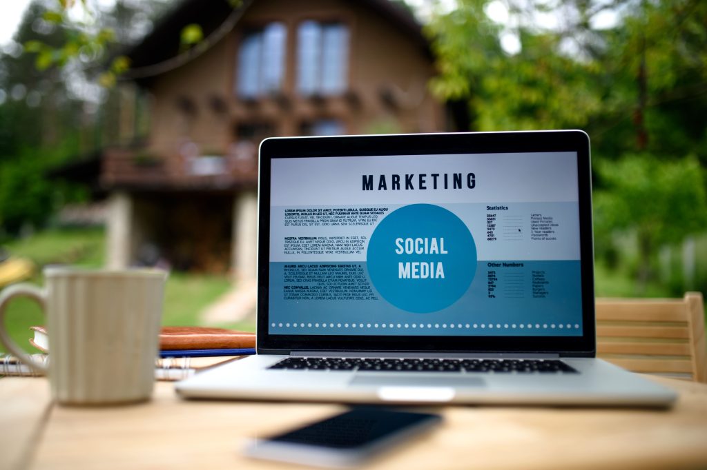 Social media marketing strategy displayed on a laptop screen